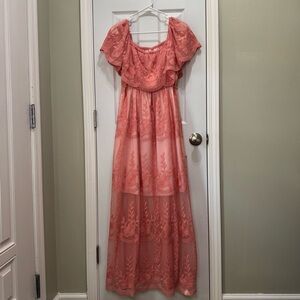 Lace Coral Pink Off-Shoulder Maxi Dress